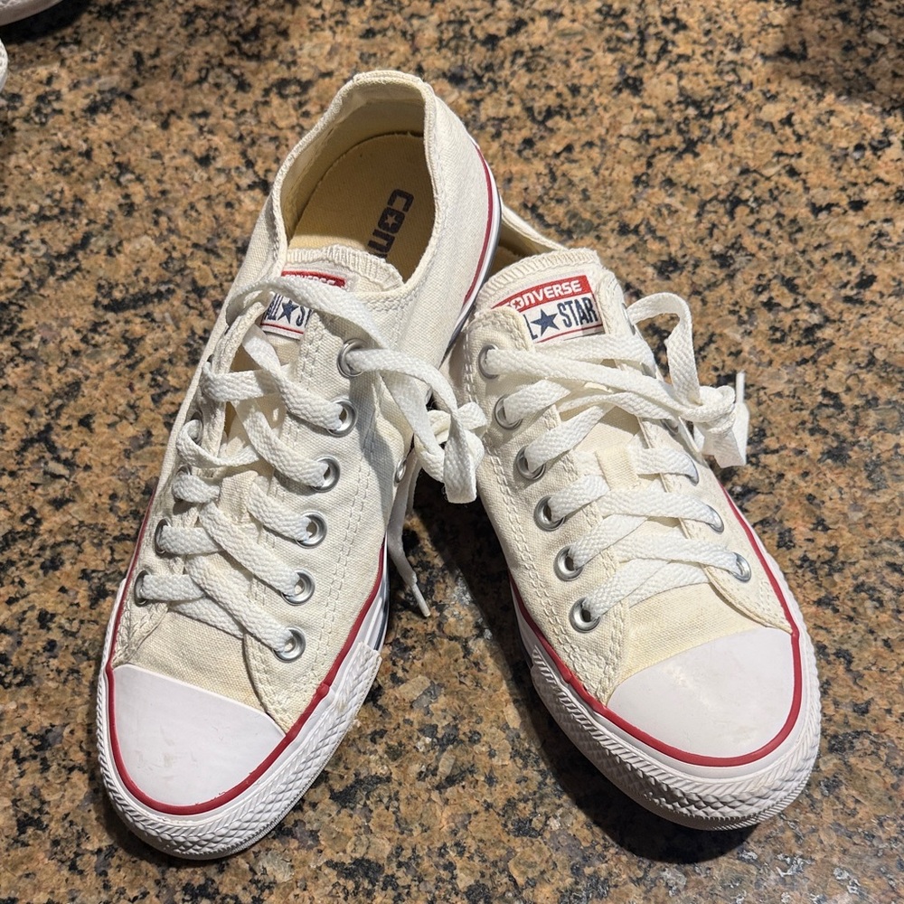 Converse Women’s Low Top Canvas Sneakers - Cream with Red Trim, Sz 7